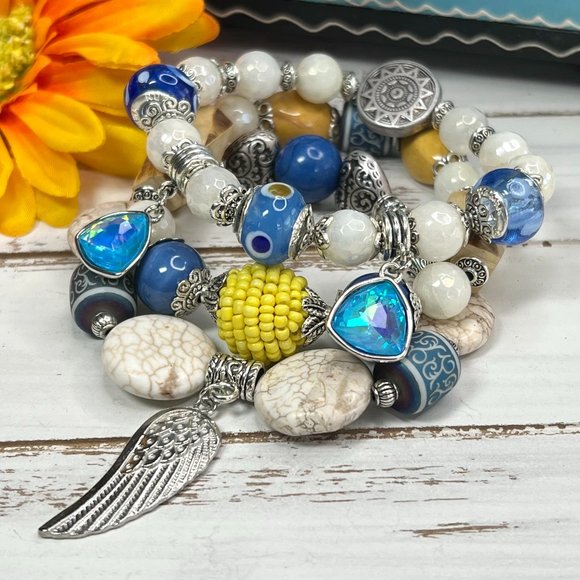 Bohemian Bracelet Stack Gemstone Crystal Handmade Blown Glass Bead Howlite New! - Picture 2 of 11